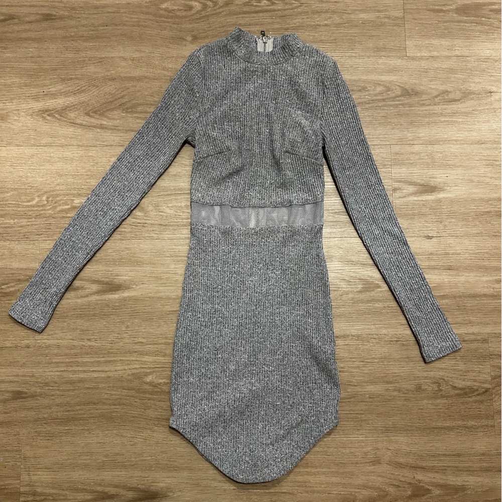 LF/ rumor gray bodycon long sleeve mini dress with mesh detail